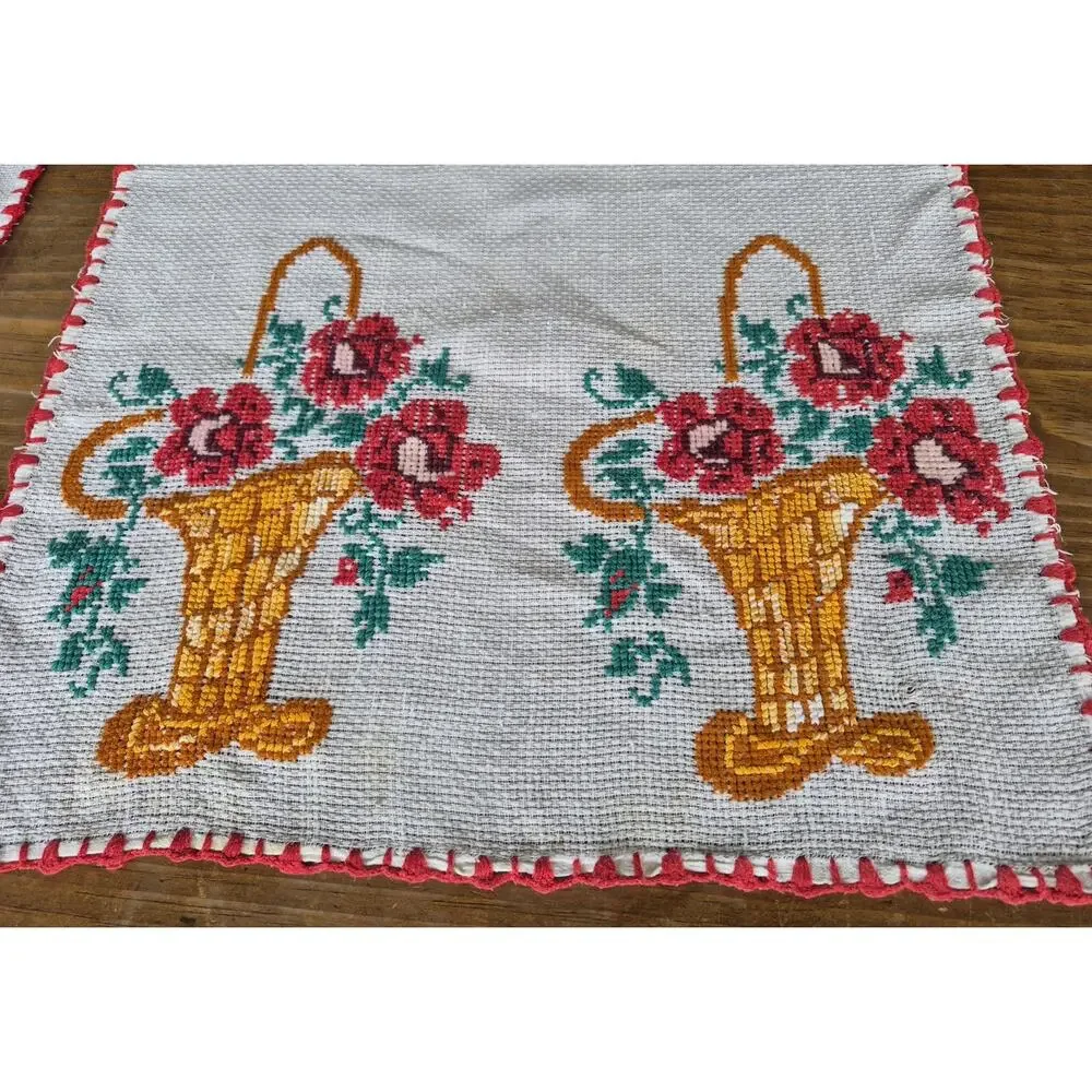 Vintage Hand Embroidered Table Topper 26 X 17 With Baskets of Flowers